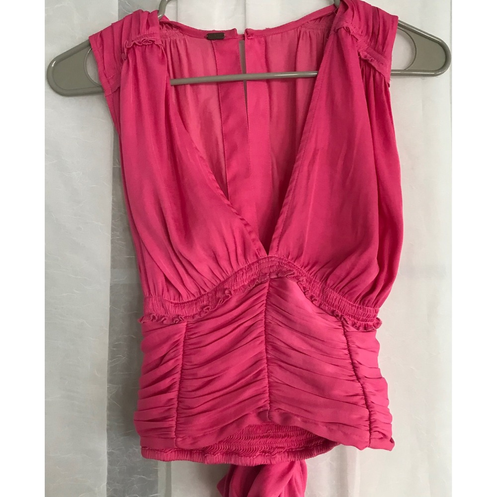 Free‎ People Pink Ruched Deep V-Neck Tie Back Sleeveless Blouse Womens Medium